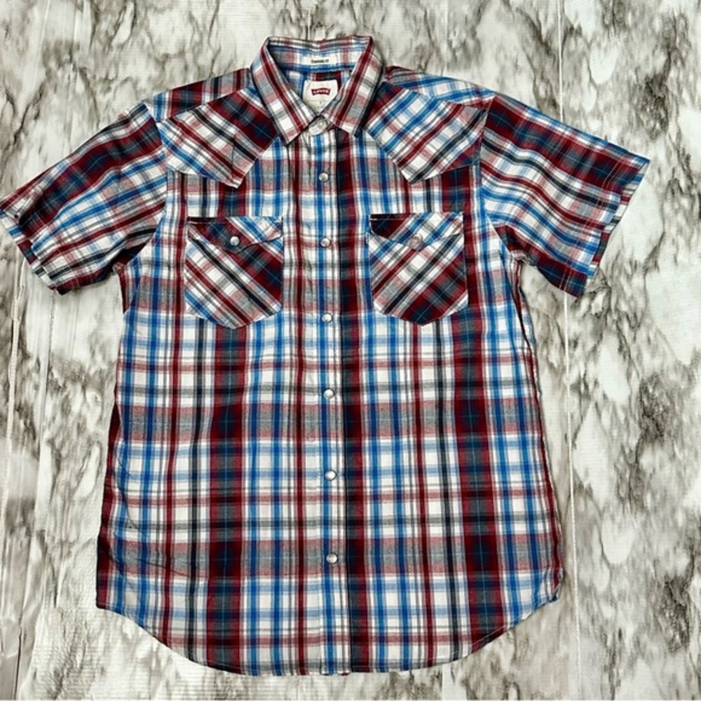Levi's Red Blue Casual Pearl Snap Button Down Shirt Western Cowboy Country Farm
